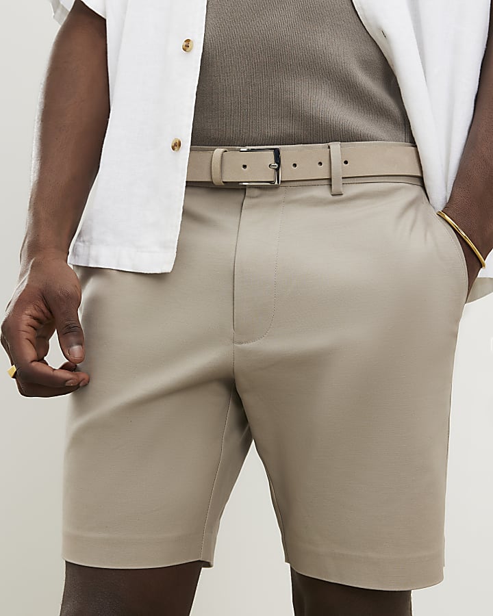 beige con cintura slim fit chino shorts