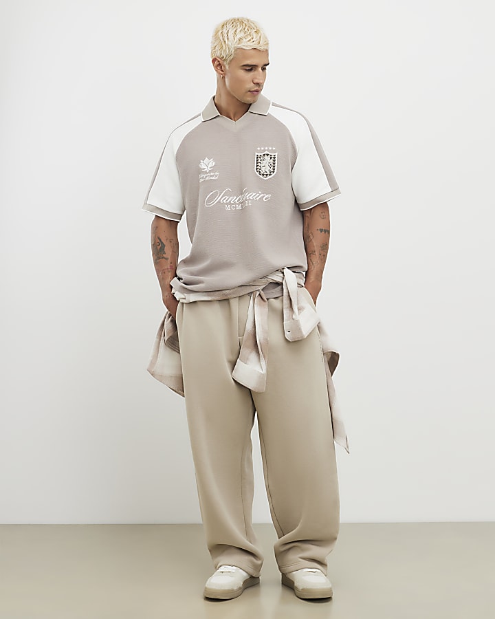 beige regular fit polo shirt con pannelli in legno