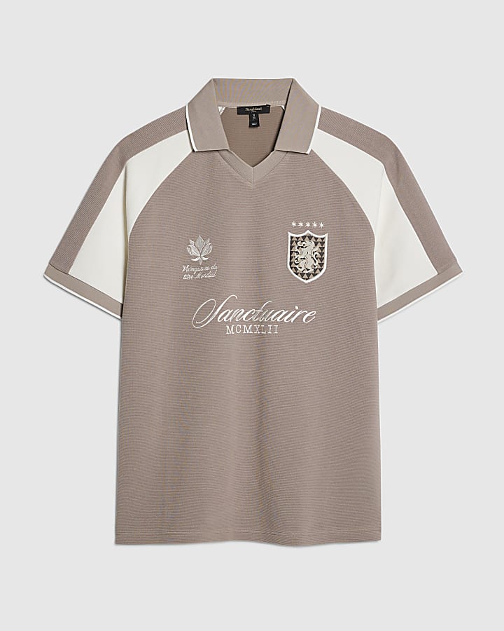 beige regular fit polo shirt con pannelli in legno