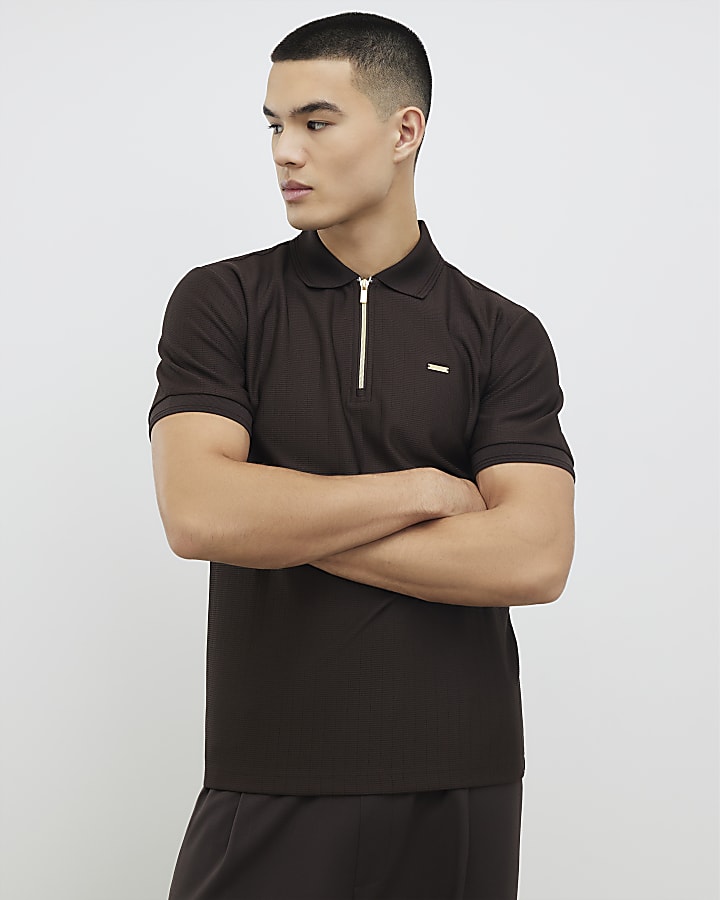 marrone muscle fit polo shirt testurizzata