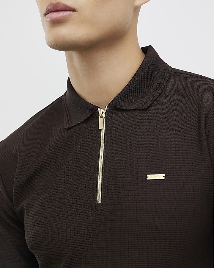 marrone muscle fit polo shirt testurizzata