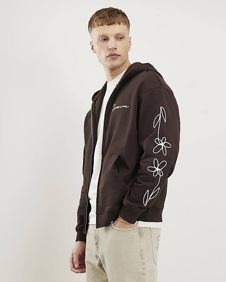 marrone oversize con zip ricamato felpa con cappuccio