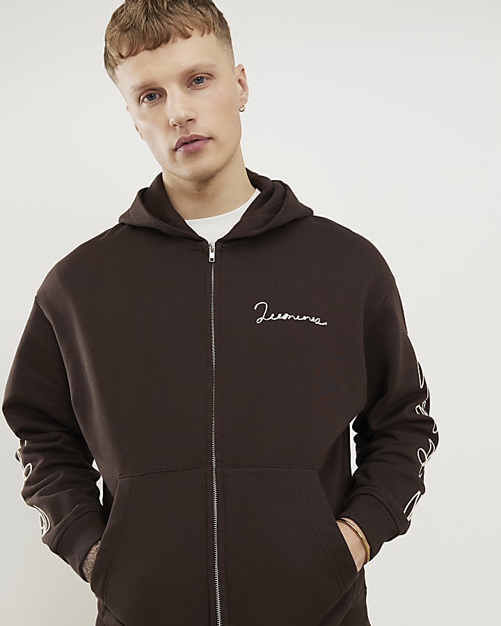 marrone oversize con zip ricamato felpa con cappuccio