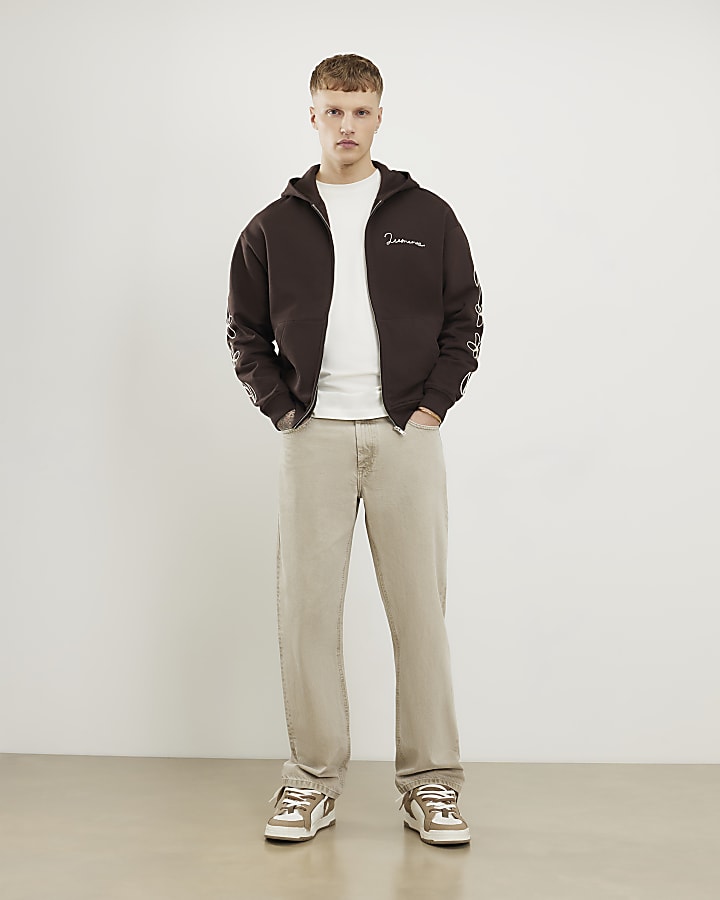 marrone oversize con zip ricamato felpa con cappuccio