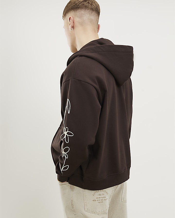 marrone oversize con zip ricamato felpa con cappuccio