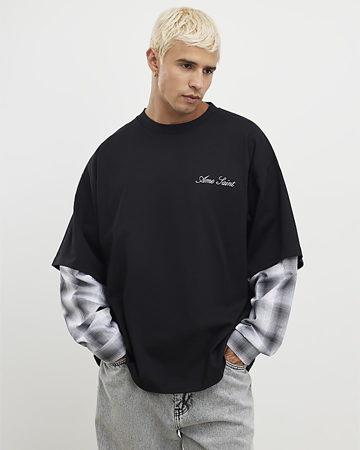 nero oversize fit strati di controllo t-shirt
