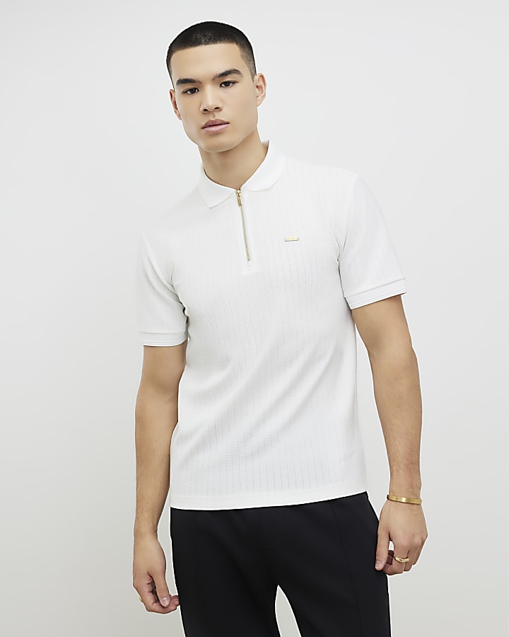 white muscle fit polo shirt testurizzata