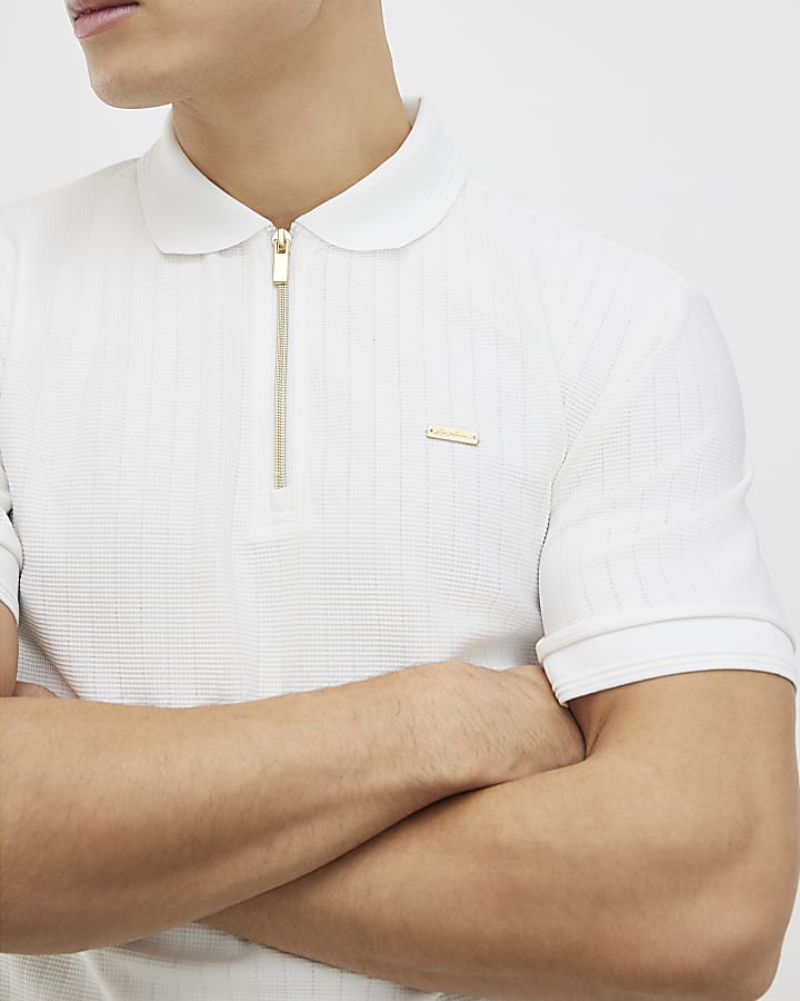 white muscle fit polo shirt testurizzata