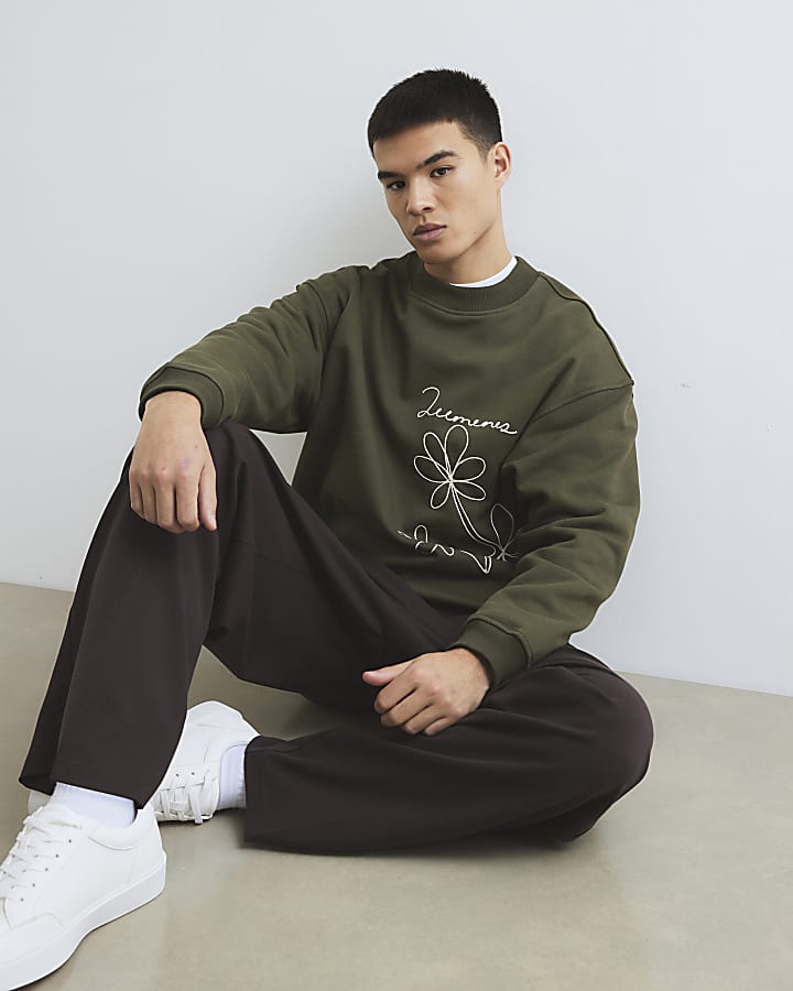 khaki oversize fit fiore verde felpa