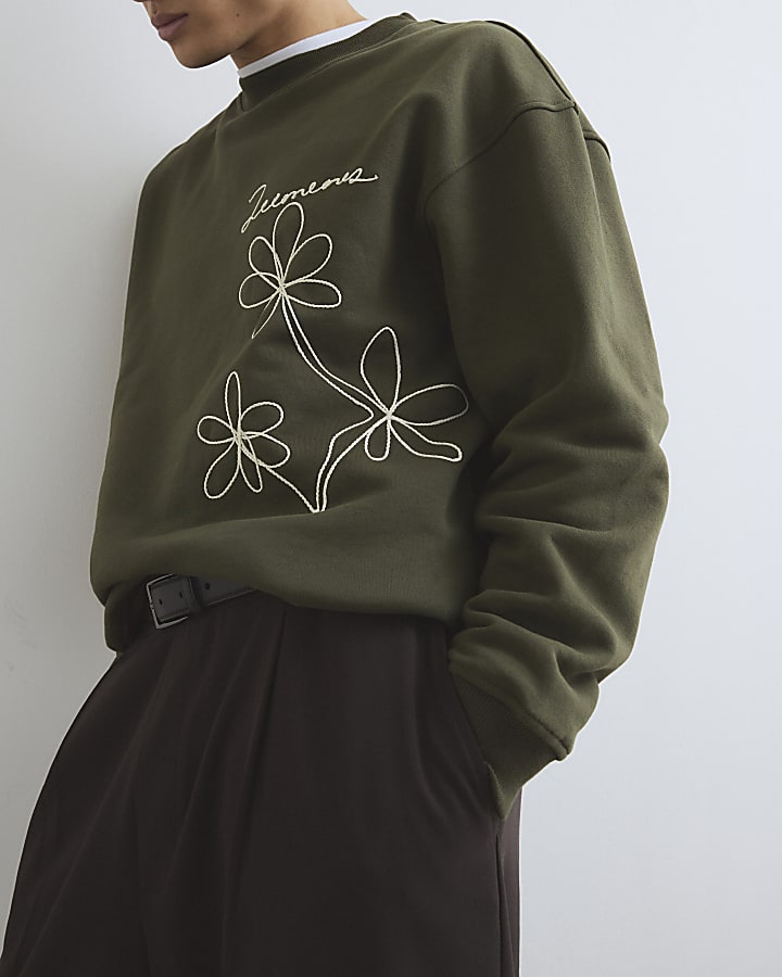 khaki oversize fit fiore verde felpa