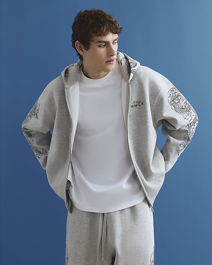grigio oversize fit giapponese dragon hoodie