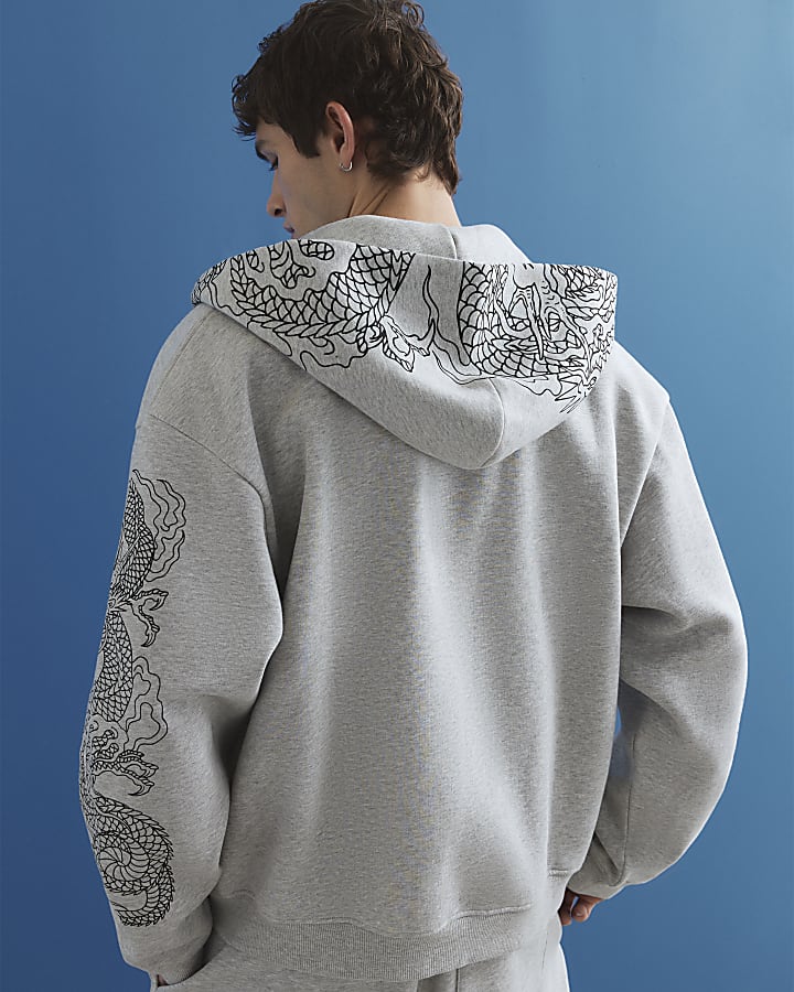 grigio oversize fit giapponese dragon hoodie