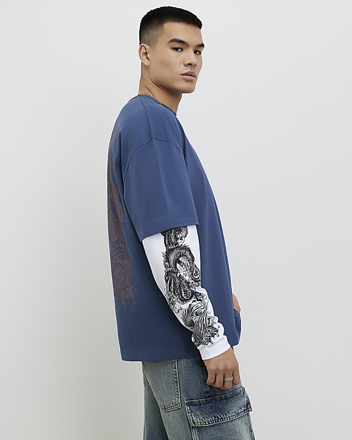blu giapponese a doppio strato t-shirt