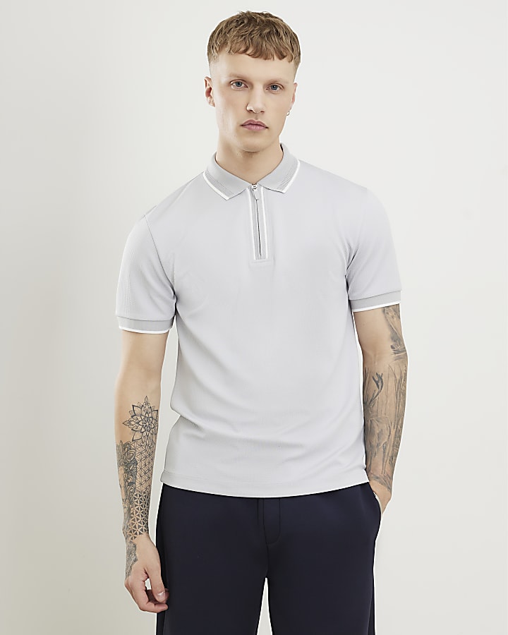 grigio slim fit martellata zip punta polo shirt