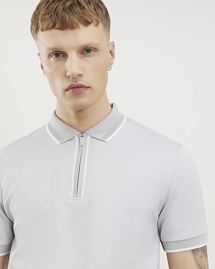 grigio slim fit martellata zip punta polo shirt