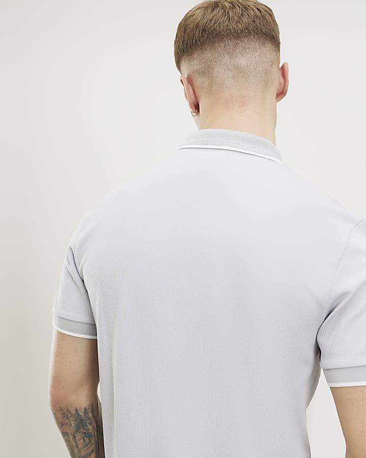 grigio slim fit martellata zip punta polo shirt