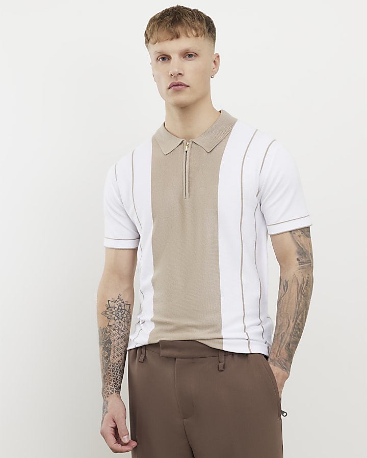 beige colour block stripe polo shirt