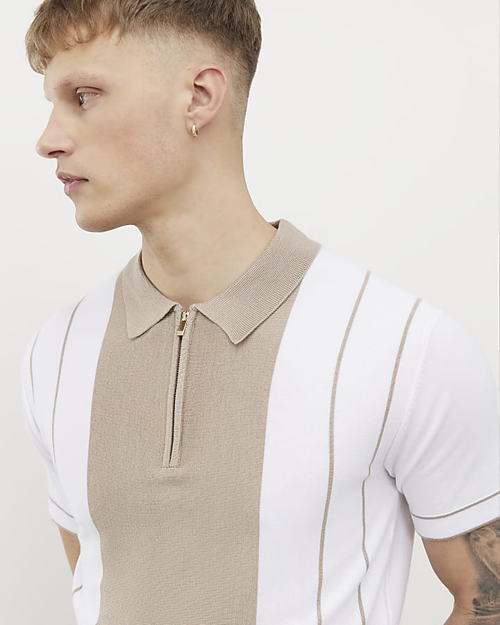 beige colour block stripe polo shirt