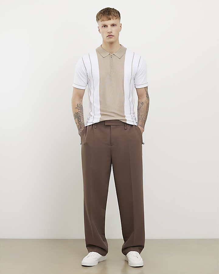 beige colour block stripe polo shirt