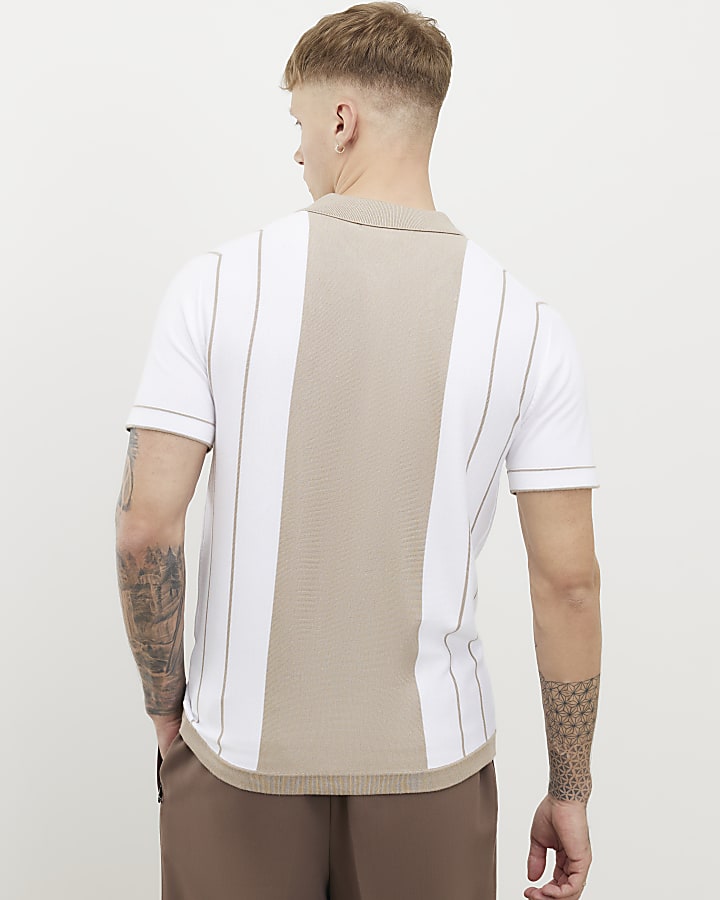 beige colour block stripe polo shirt