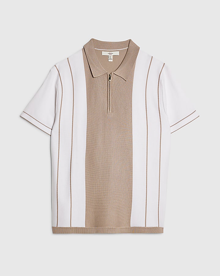 beige colour block stripe polo shirt