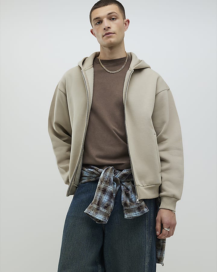 beige oversize fit con zip hoodie