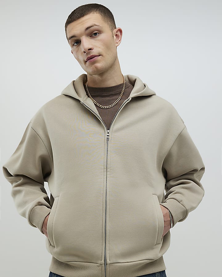 beige oversize fit con zip hoodie