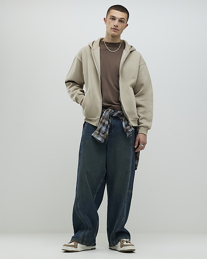 beige oversize fit con zip hoodie