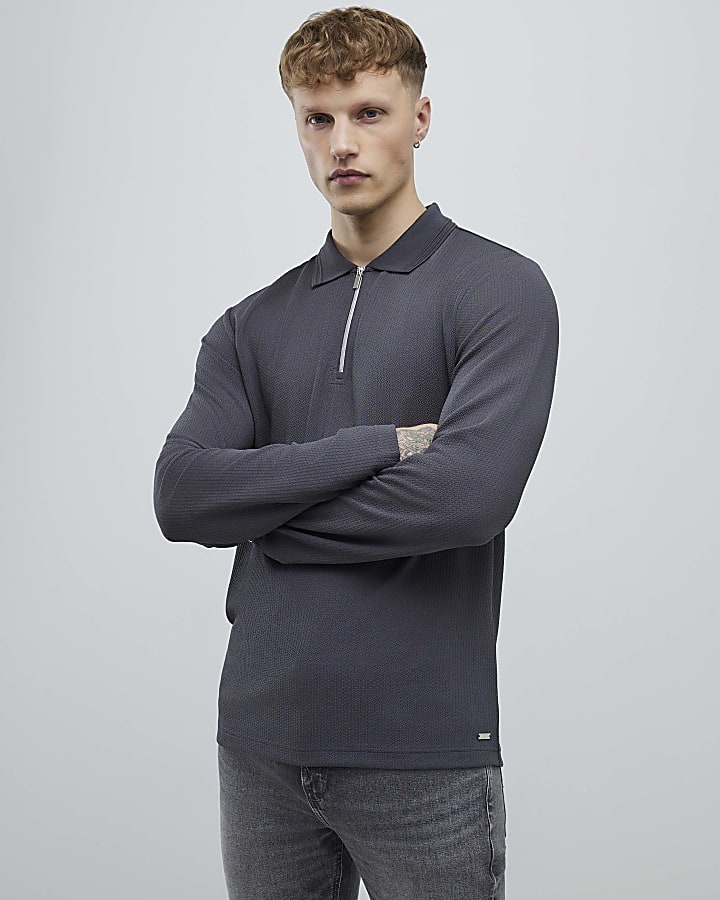 grigio slim fit con texture trimestre zip polo shirt