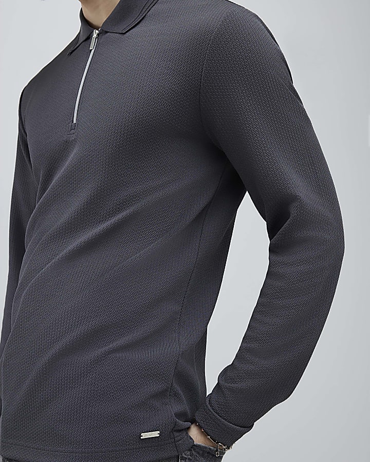 grigio slim fit con texture trimestre zip polo shirt