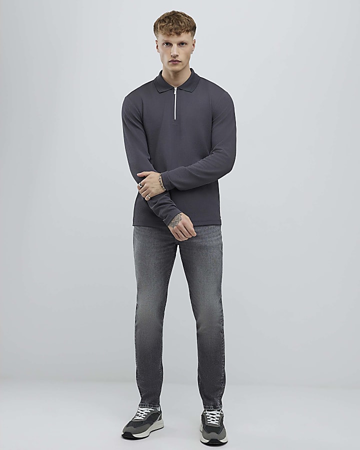 grigio slim fit con texture trimestre zip polo shirt