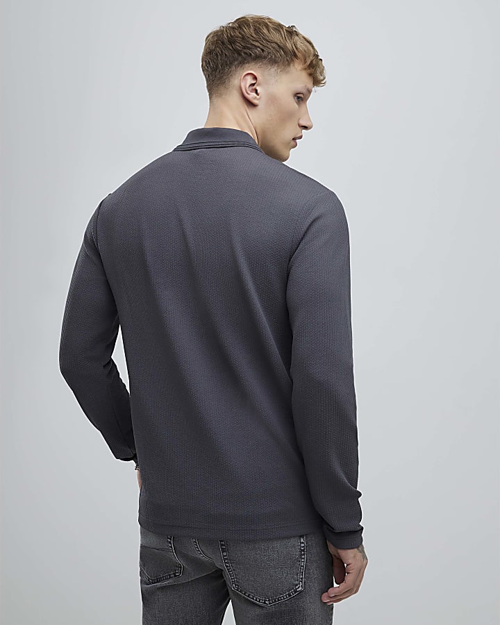 grigio slim fit con texture trimestre zip polo shirt