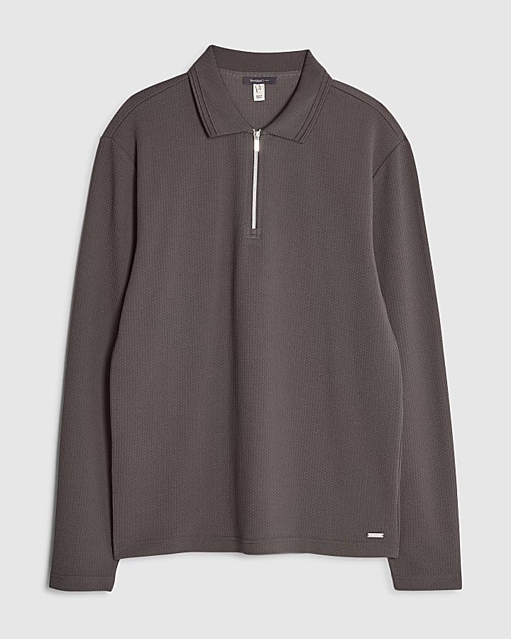 grigio slim fit con texture trimestre zip polo shirt