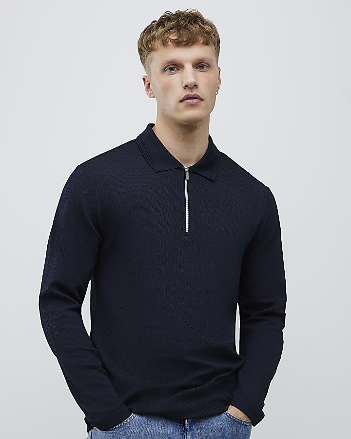 navy slim fit martellata zip collo polo shirt