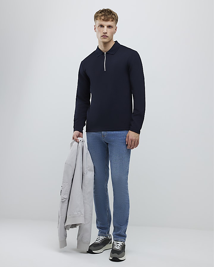 navy slim fit martellata zip collo polo shirt