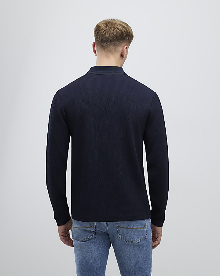 navy slim fit martellata zip collo polo shirt