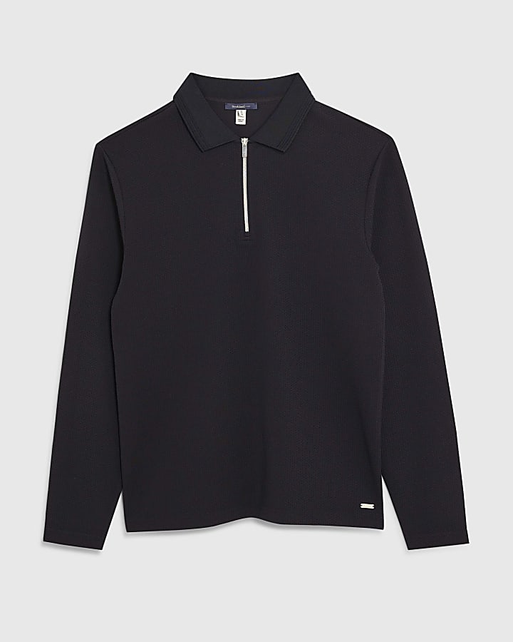 navy slim fit martellata zip collo polo shirt