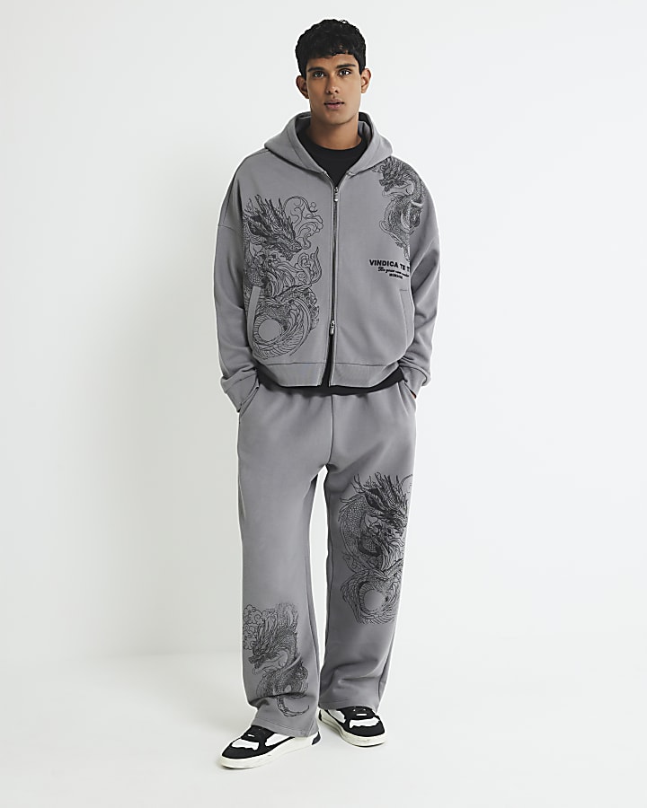 grigio gamba larga drago di stampa jogging