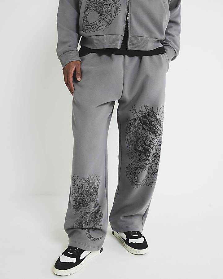 grigio gamba larga drago di stampa jogging