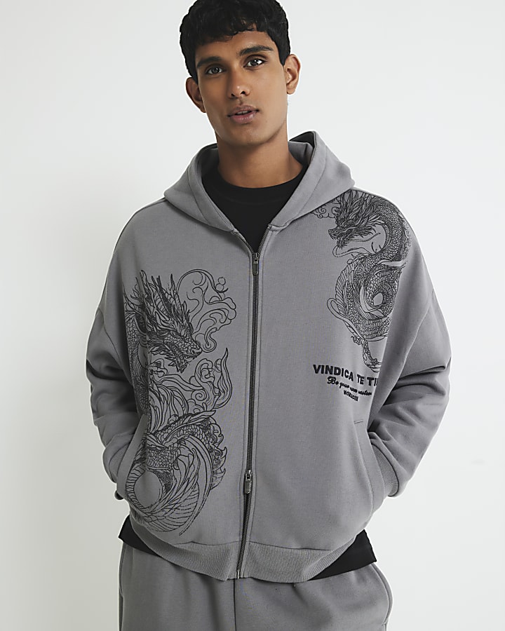grigio oversize fit con zip felpa drago