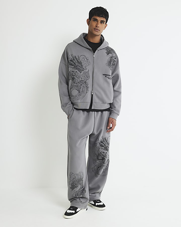 grigio oversize fit con zip felpa drago