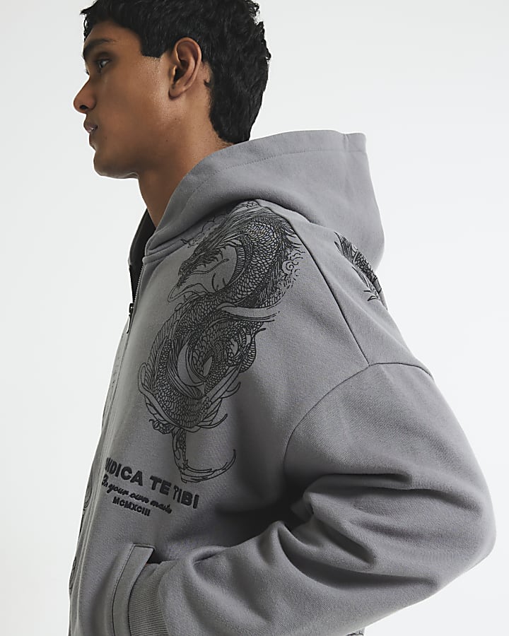 grigio oversize fit con zip felpa drago