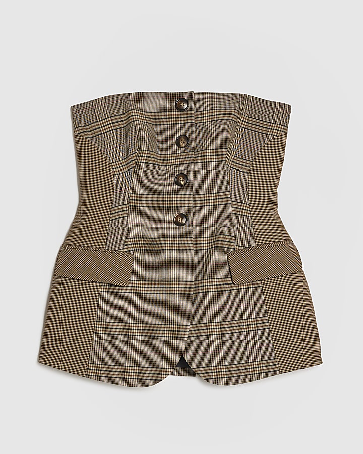 petite marrone check print bandeau top
