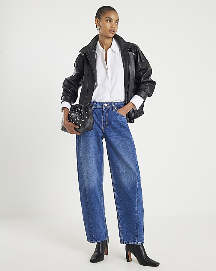 blu vita normale cucito barile jeans a gamba