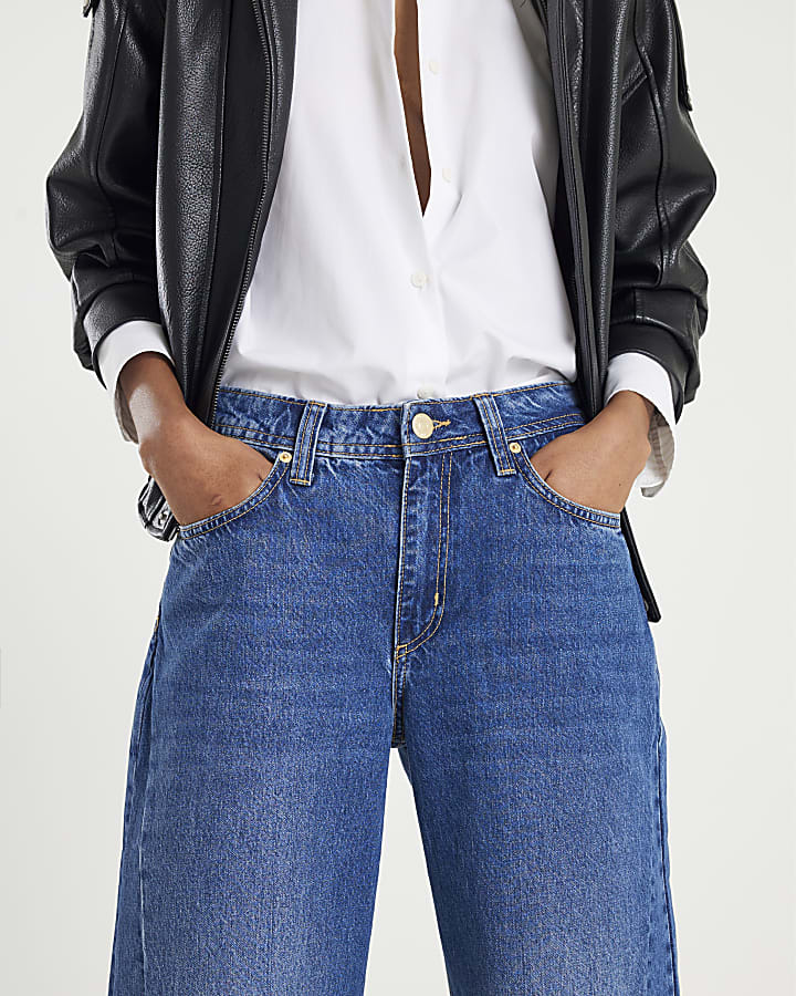 blu vita normale cucito barile jeans a gamba