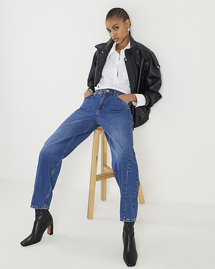 blu vita normale cucito barile jeans a gamba