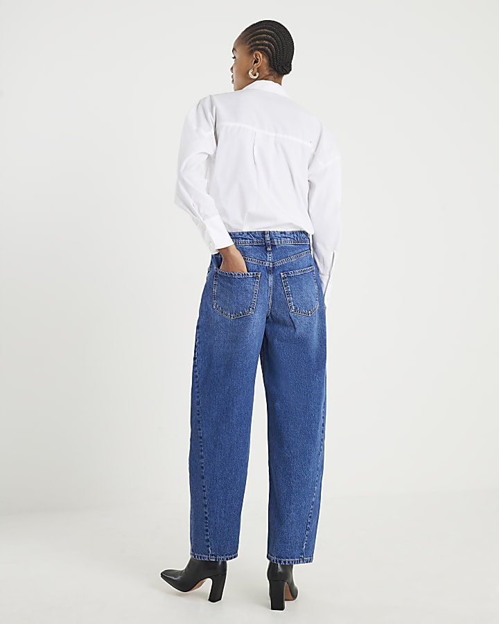 blu vita normale cucito barile jeans a gamba