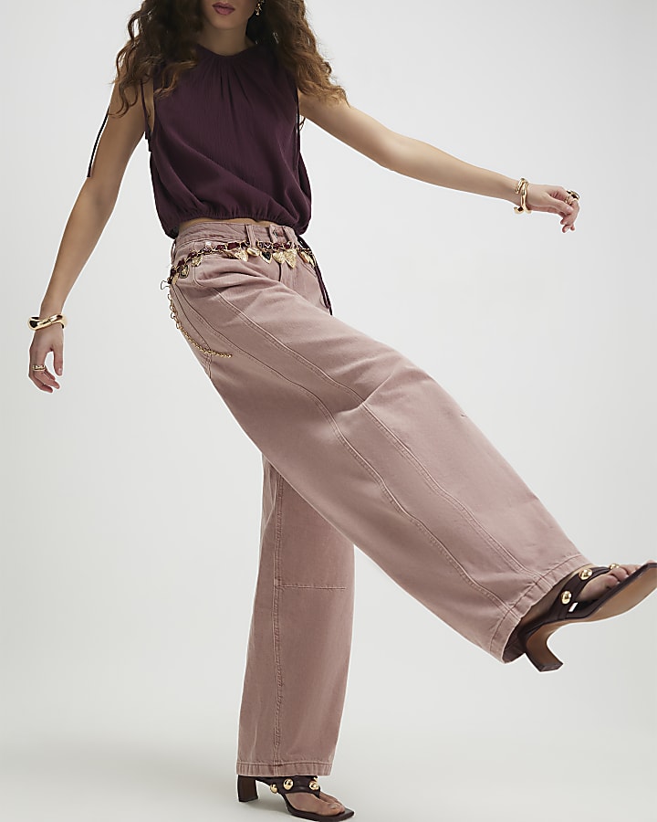 rosa vita alta vita con palloncino jeans a gamba
