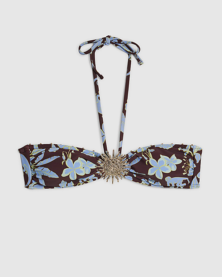 marrone stampa tropicale halter bikini a fascia
