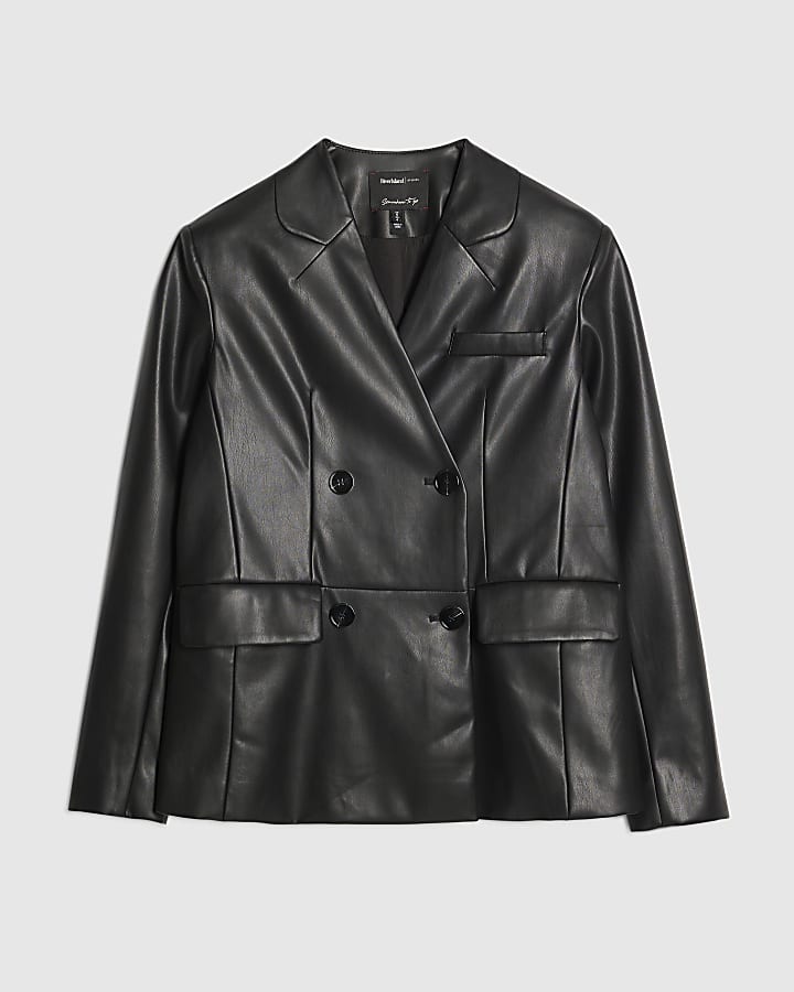 nero finta pelle senza colletto blazer